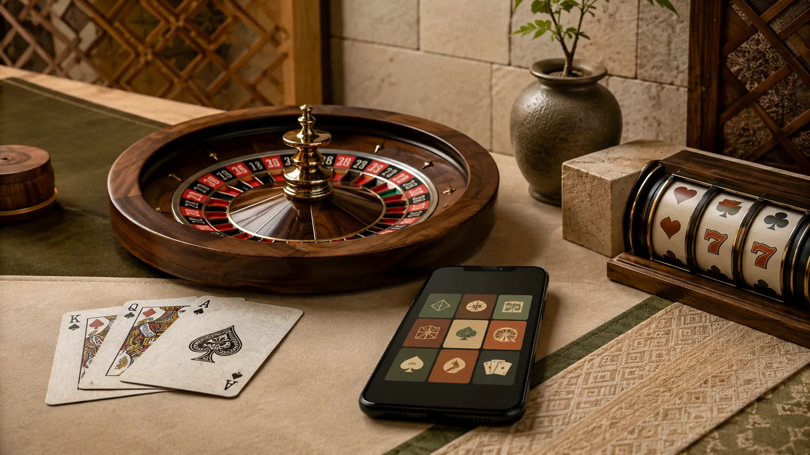 Ilustrasi editorial ulasan ANDARA88 dengan meja roulette, kartu, slot, dan ponsel