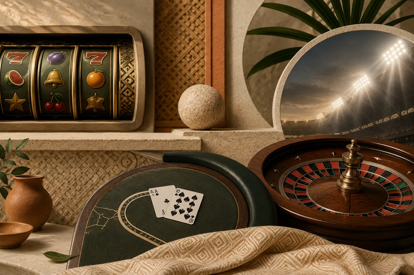 Kolase editorial kategori slot, permainan meja, roulette, dan olahraga